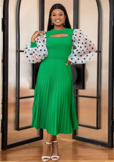 Polka Dot Lantern Sleeves Cut Out Pleated Dress US 4-6 / MediumSpringGreen